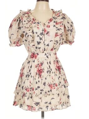 LoveShackFancy Cream Floral Ruffle Mini Dress with Red,Pink and Gray Blooms
